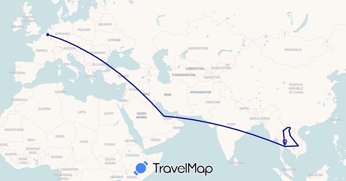 TravelMap itinerary: driving in Belgium, Laos, Qatar, Thailand (Asia, Europe)